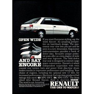 1985 Renault Encore 2 Door Hatchback Compact Car Vintage Print Ad Wall Art